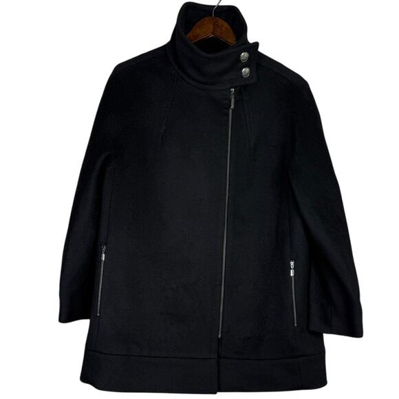 Zara City Grid Wool Cocoon Coat Jacket Full Zip Pockets High Neck Button L Black - Picture 1 of 15